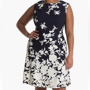 London Times Navy Blue Cream Floral Fit & Flare Dress